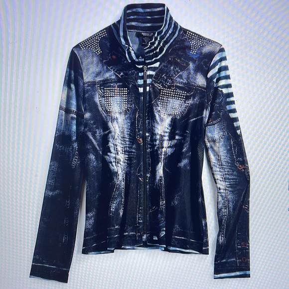 NWOT My Stuff (Boutique Buys By Belinda) Sheer Denim Print Zip Jacket - Picture 1 of 9